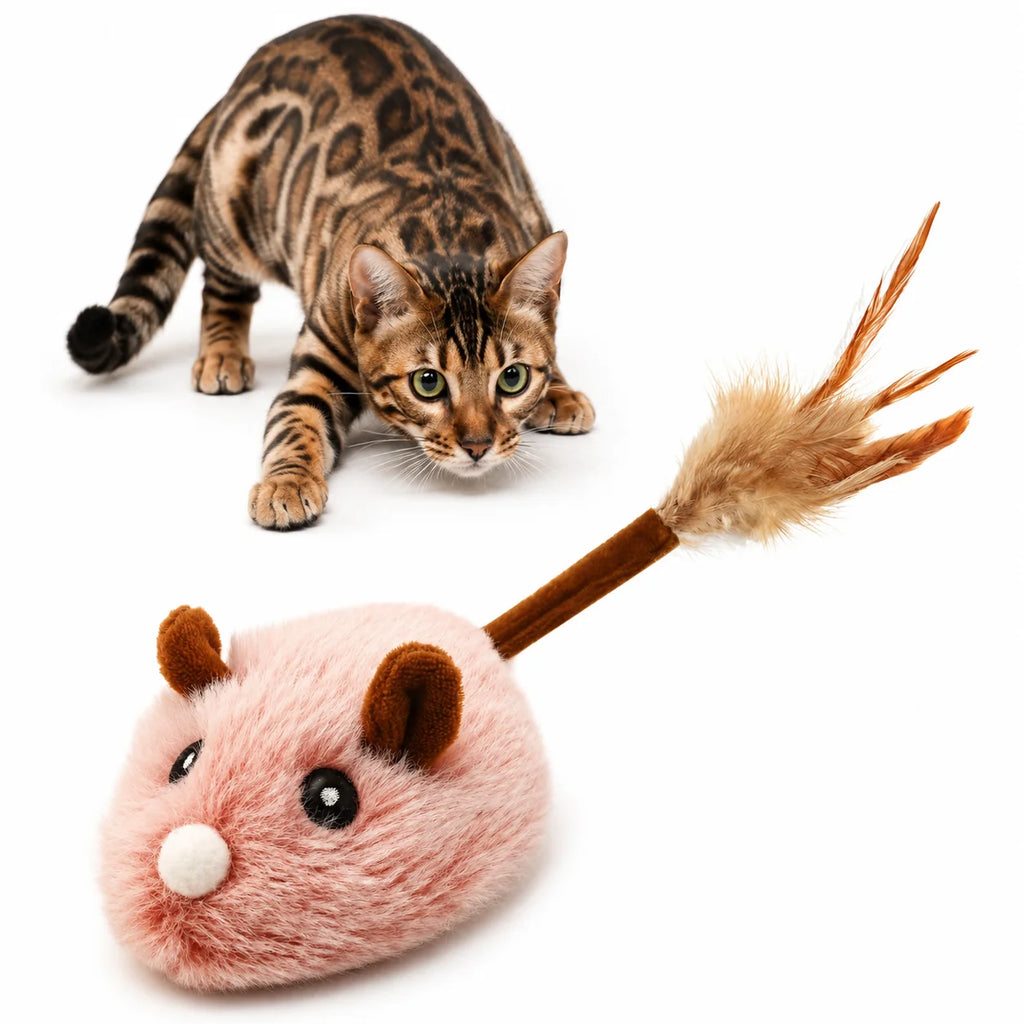 Automatic Moving Mouse Cat Toy Plush Self-Propelled Real Feather USB Charging Interactive Pet Toy