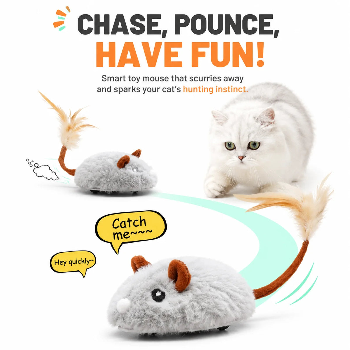 Automatic Moving Mouse Cat Toy Plush Self-Propelled Real Feather USB Charging Interactive Pet Toy
