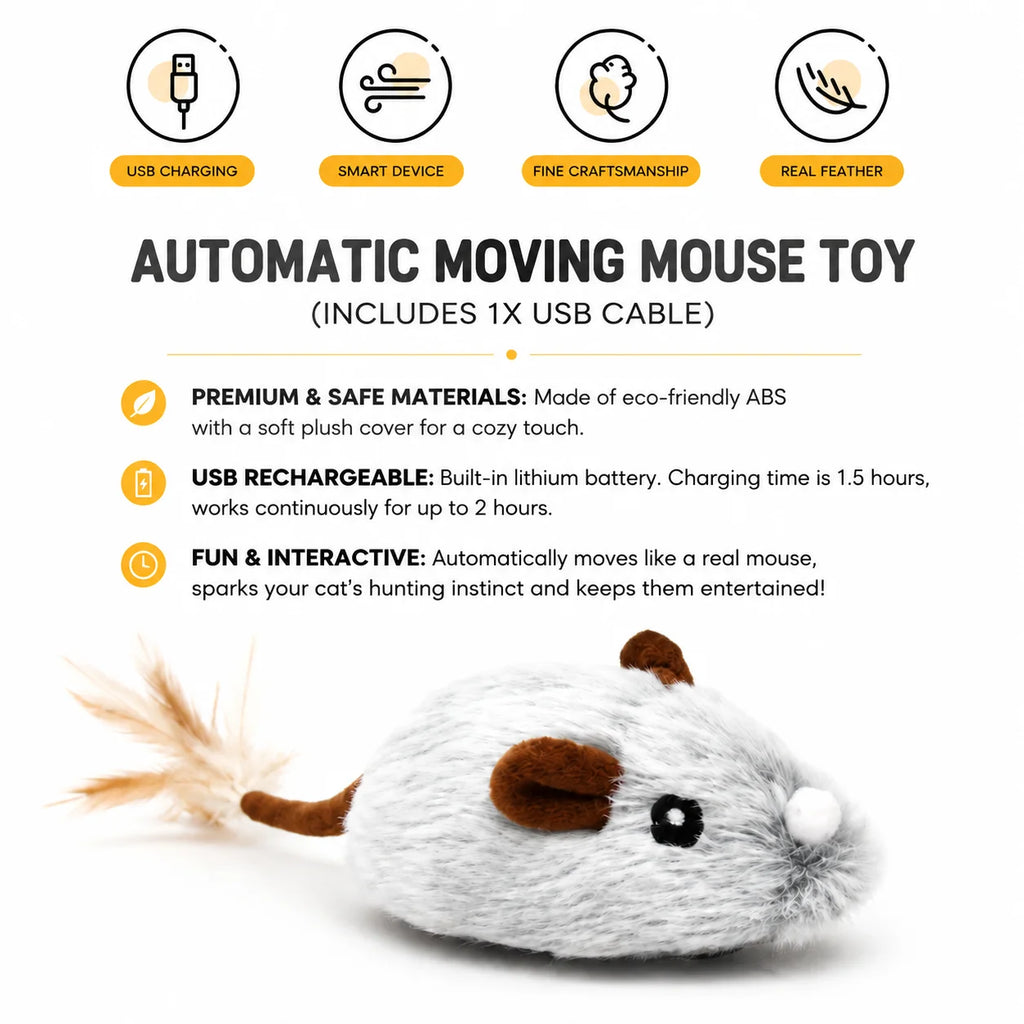 Automatic Moving Mouse Cat Toy Plush Self-Propelled Real Feather USB Charging Interactive Pet Toy
