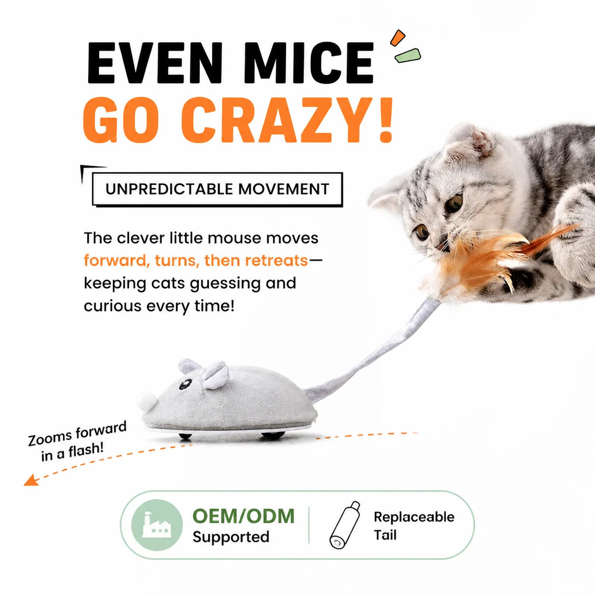 Automatic Moving Mouse Cat Toy Plush Self-Propelled Real Feather USB Charging Interactive Pet Toy