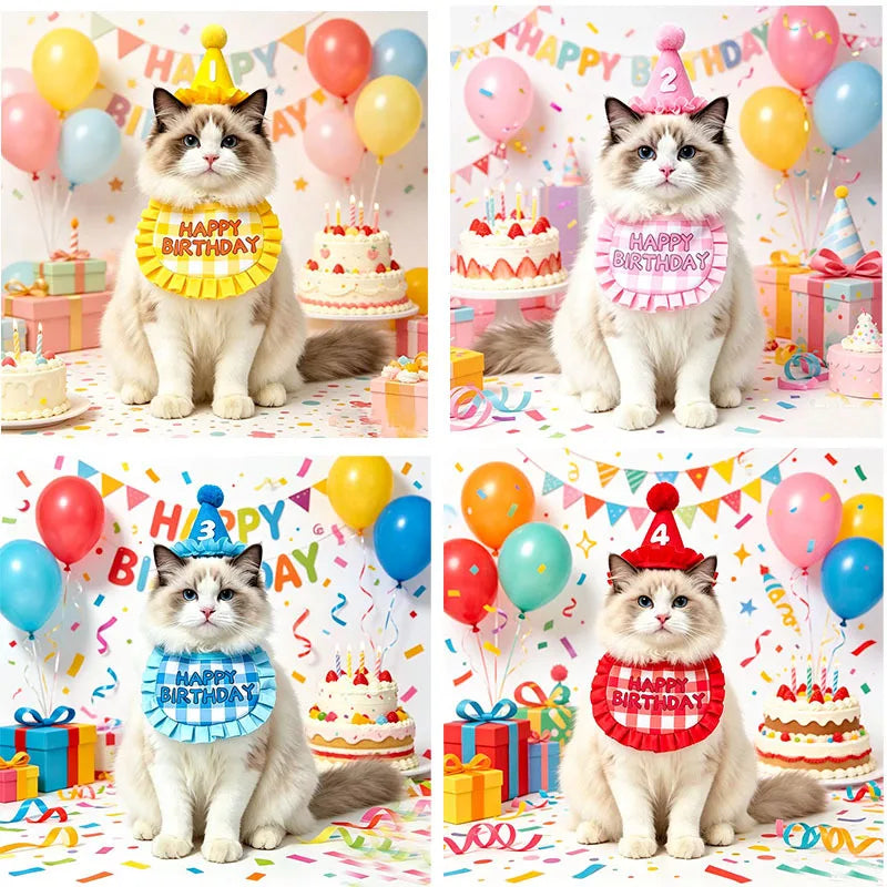 Pet birthday hat and bib set, happy themed drool towel