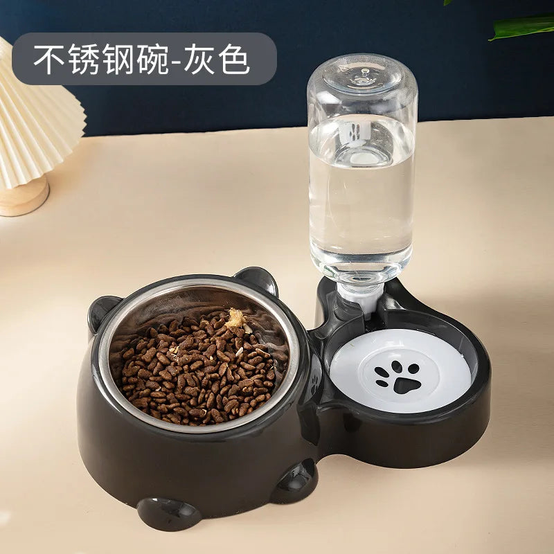 Portable 2-in-1 automatic pet feeding bowl set, stainless steel cat food bowl