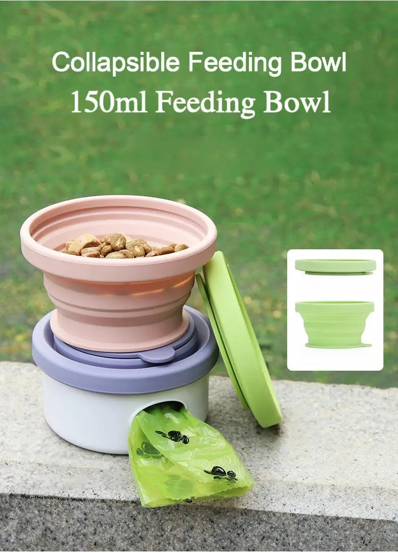 Portable pet outdoor travel cup with food storage, feeder, garbage bag and folding bowl, dog supplies