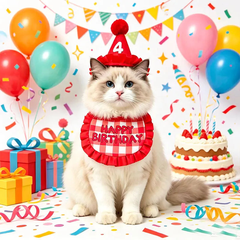 Pet birthday hat and bib set, happy themed drool towel