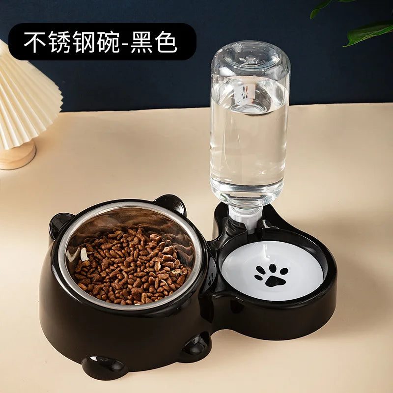 Portable 2-in-1 automatic pet feeding bowl set, stainless steel cat food bowl