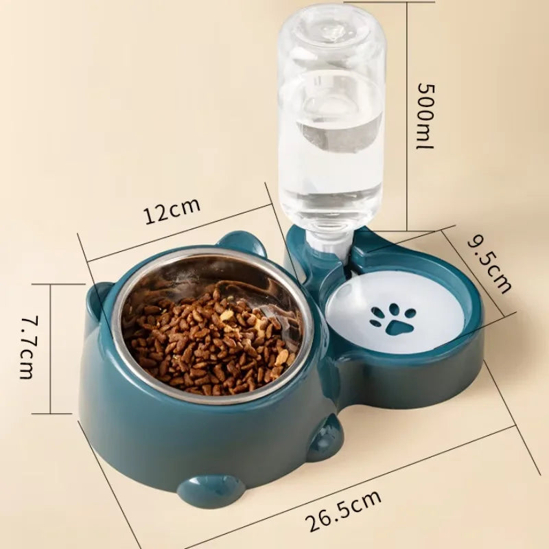 Environmentally friendly, durable, portable 2-in-1 automatic pet feeder bowl set, stainless steel cat food bowl, 500ml water bottle