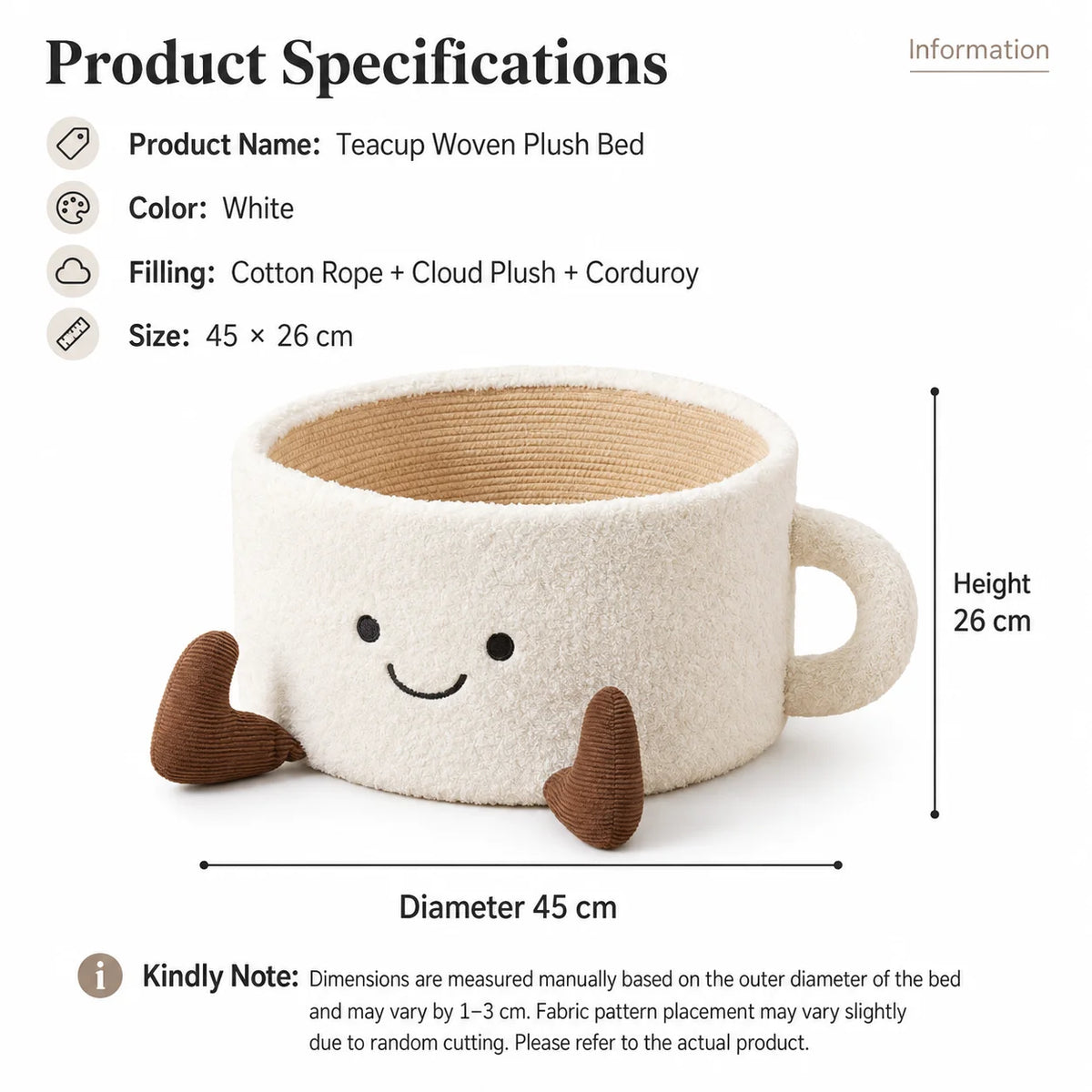Cute tea cup, pet bed, cat and dog with woven cotton rope, plush, comfortable, soft, donut shaped little dog