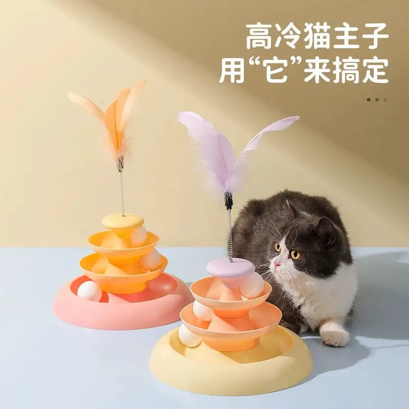 Cat toy with three-layer turntable trajectory ball stick for self entertainment, relieving boredom and preventing bites