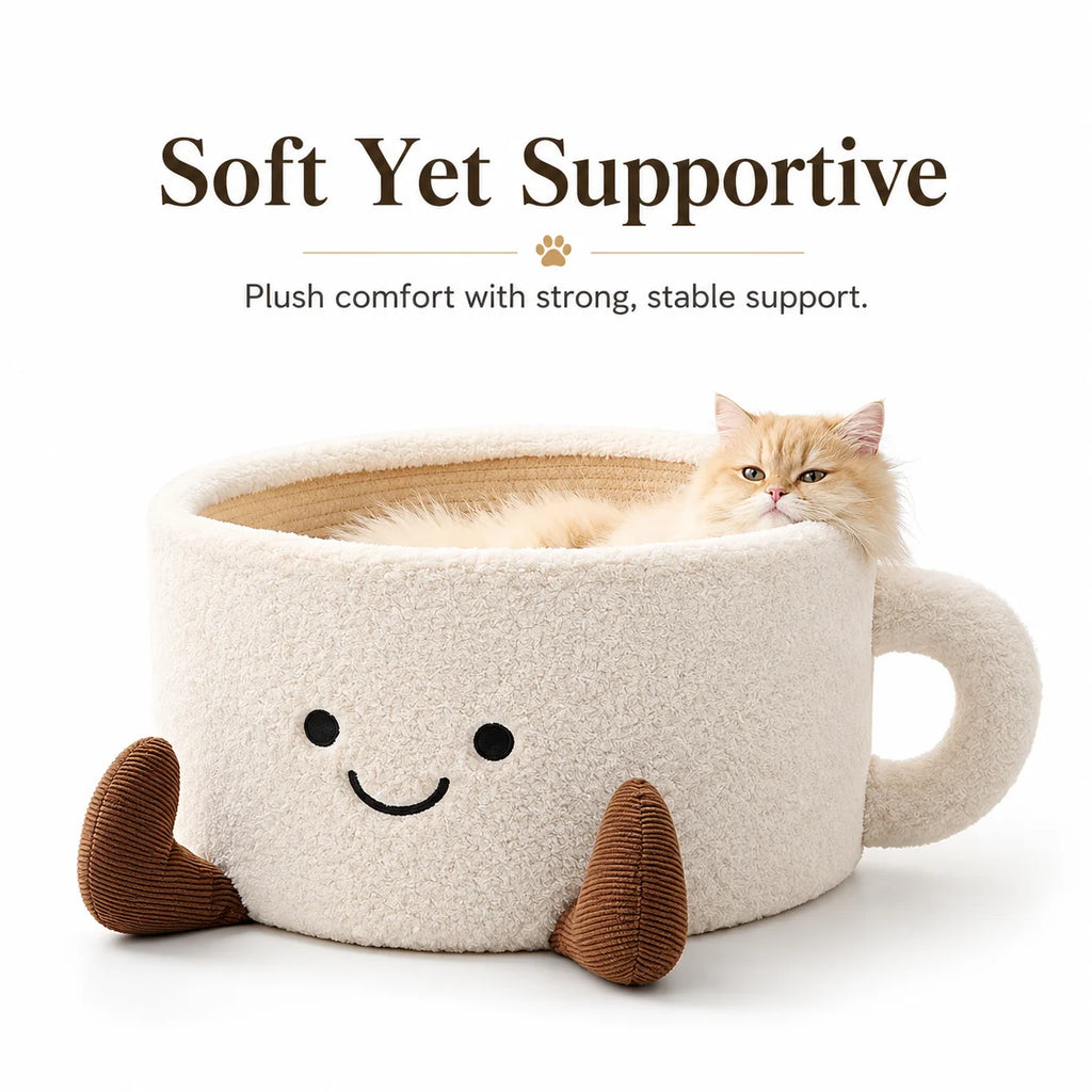 Cute tea cup, pet bed, cat and dog with woven cotton rope, plush, comfortable, soft, donut shaped little dog