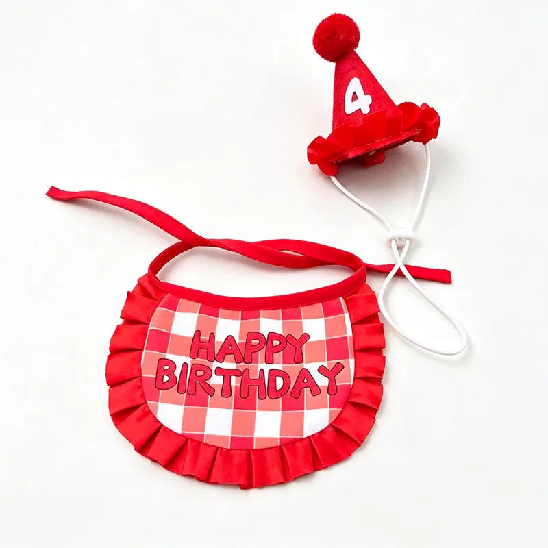 Pet birthday hat and bib set, happy themed drool towel