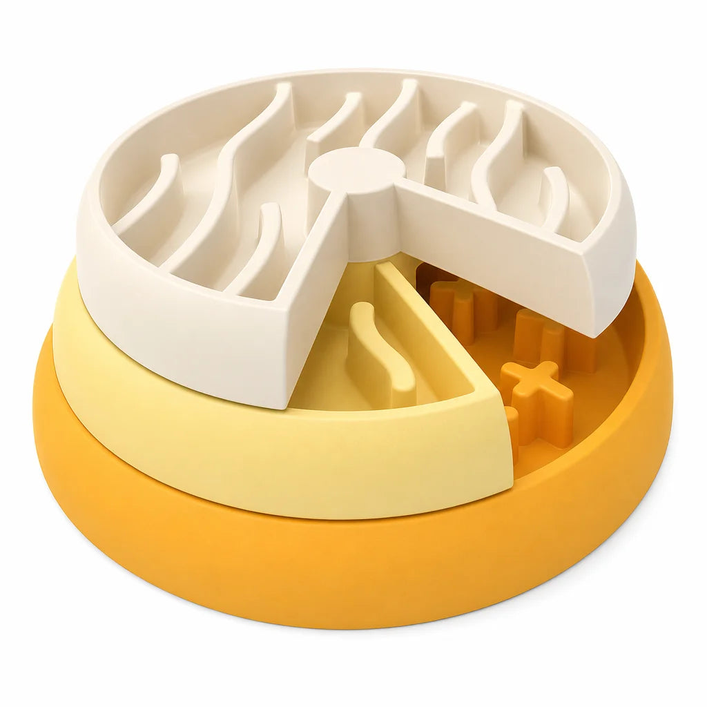 Rotating interactive layered pet feeding bowl that spins to find food