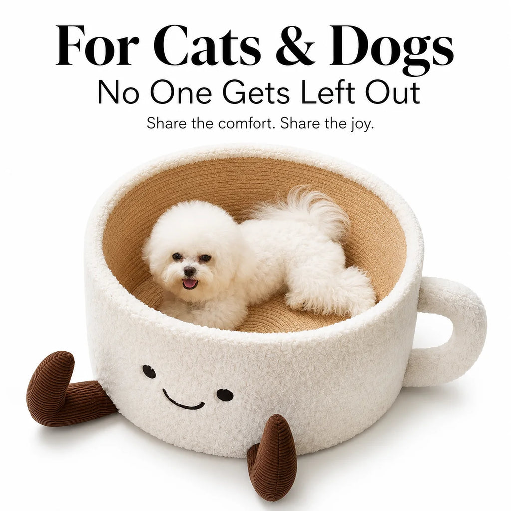 Cute tea cup, pet bed, cat and dog with woven cotton rope, plush, comfortable, soft, donut shaped little dog