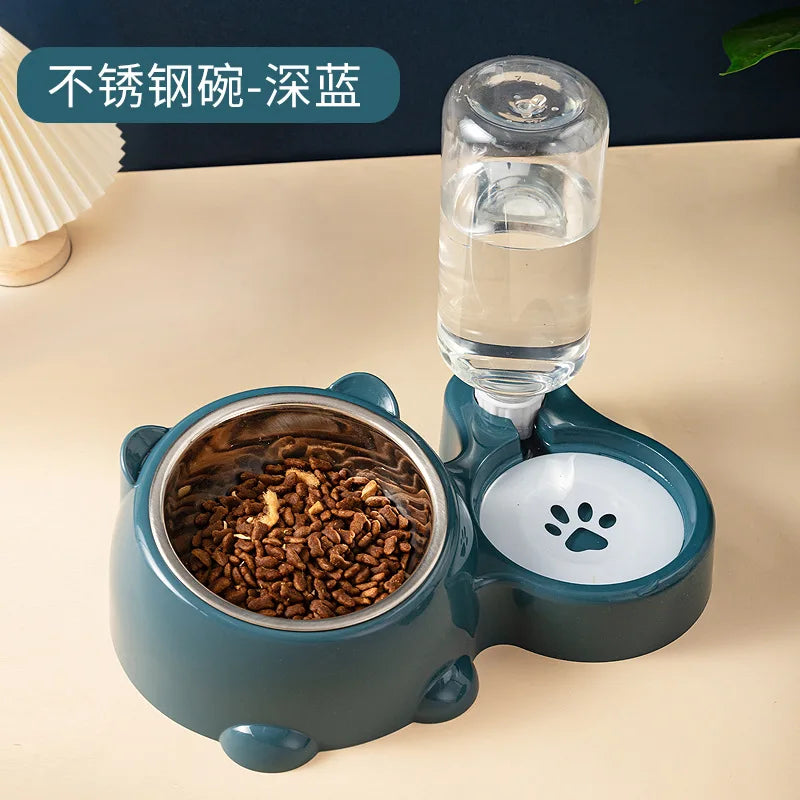 Portable 2-in-1 automatic pet feeding bowl set, stainless steel cat food bowl