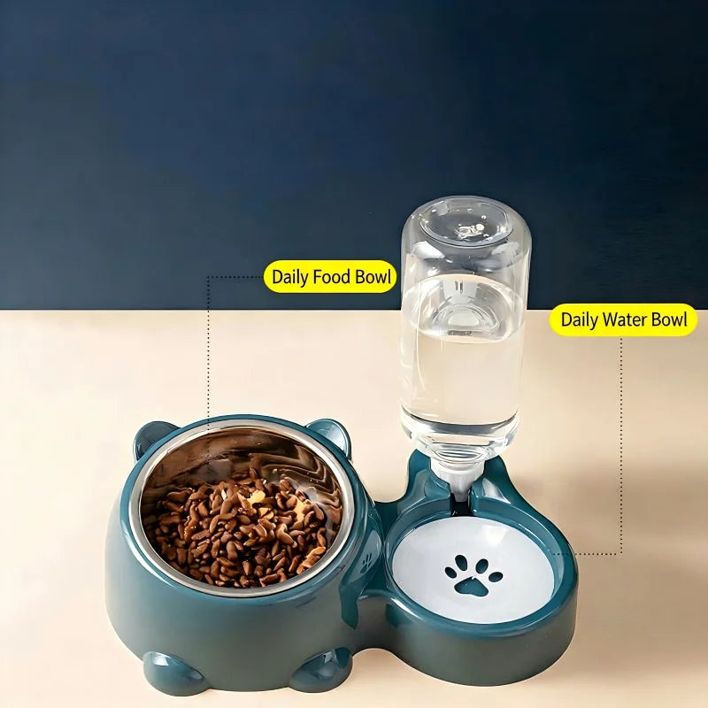 Environmentally friendly, durable, portable 2-in-1 automatic pet feeder bowl set, stainless steel cat food bowl, 500ml water bottle