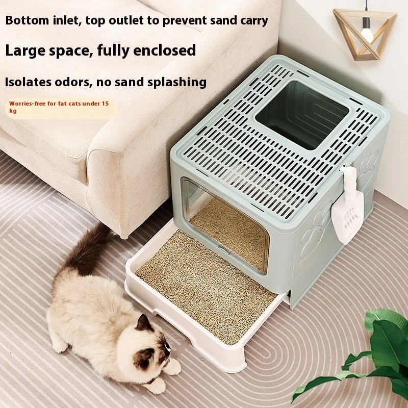 Sand and splash proof fully enclosed plastic drawer style cat litter box with no odor