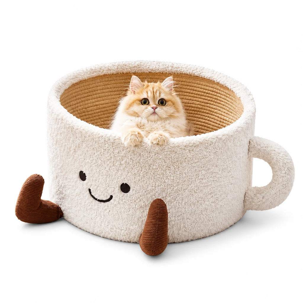 Cute tea cup, pet bed, cat and dog with woven cotton rope, plush, comfortable, soft, donut shaped little dog