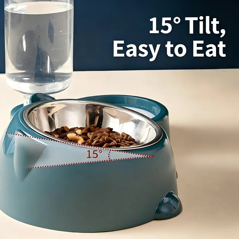 Environmentally friendly, durable, portable 2-in-1 automatic pet feeder bowl set, stainless steel cat food bowl, 500ml water bottle