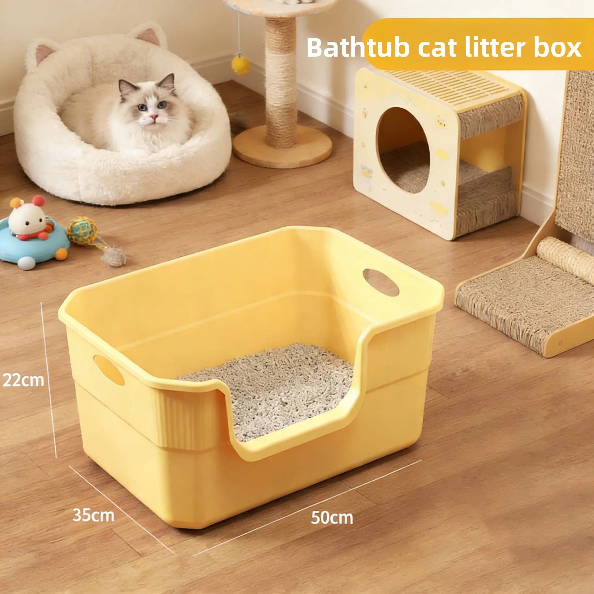 The cat litter box features an open design, making it easy to scoop and clean, promoting hygiene maintenance, and is made of durable PP plastic material