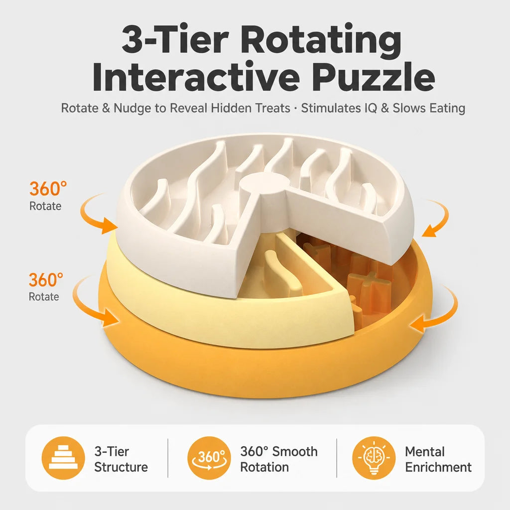 Rotating interactive layered pet feeding bowl that spins to find food