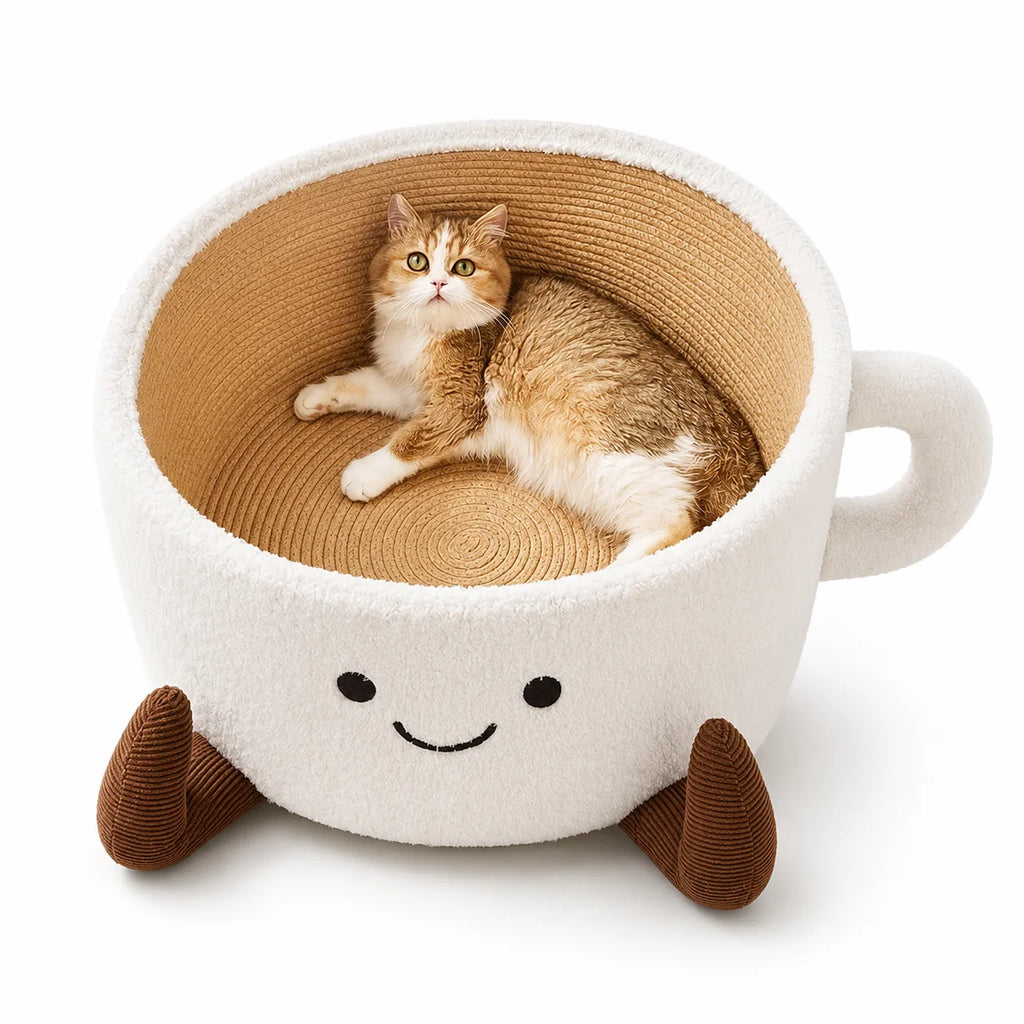 Cute tea cup, pet bed, cat and dog with woven cotton rope, plush, comfortable, soft, donut shaped little dog