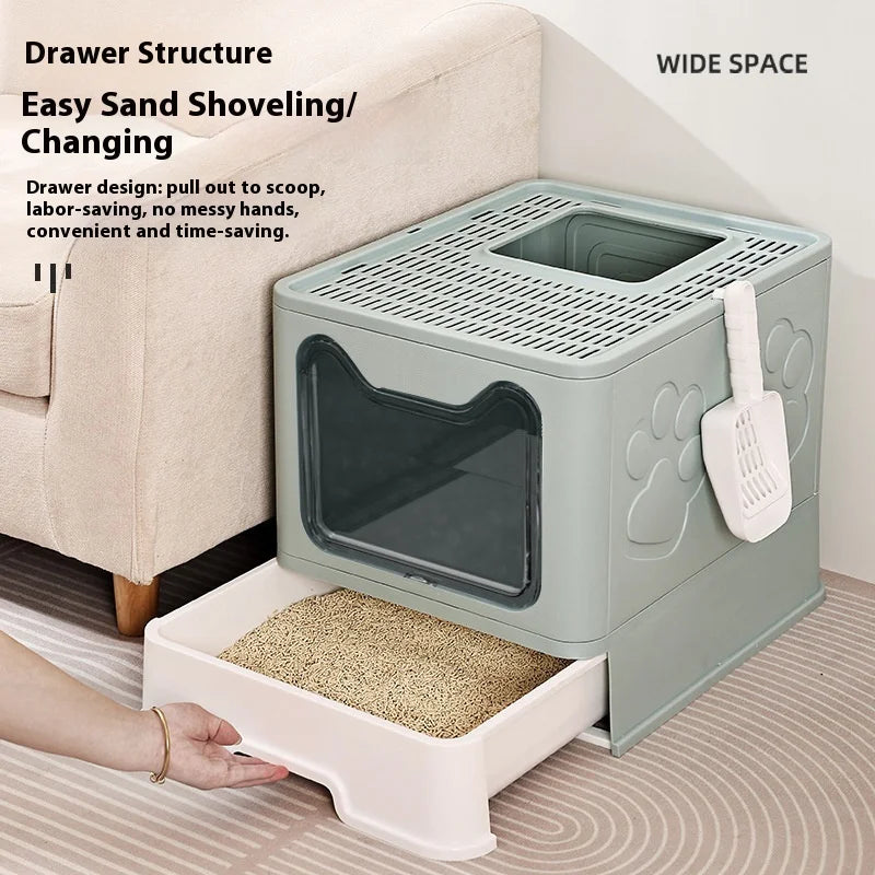 Sand and splash proof fully enclosed plastic drawer style cat litter box with no odor