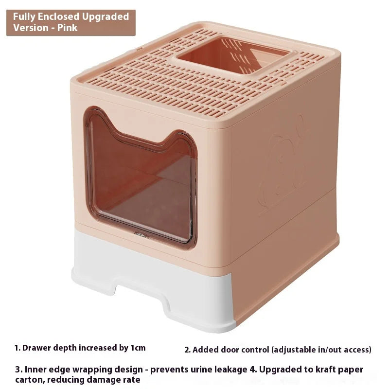 Sand and splash proof fully enclosed plastic drawer style cat litter box with no odor