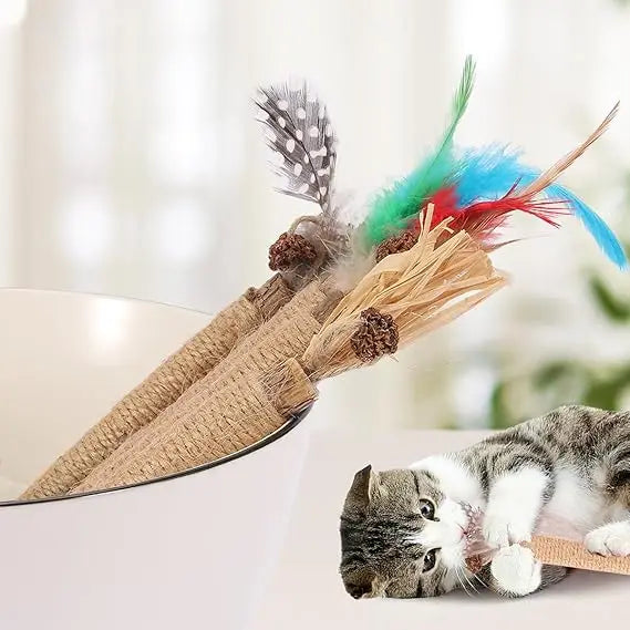 Natural Silver Vine Cat Chewing Stick with Feather Hemp Rope Interactive Toy, Including Lafite Grass Fruit