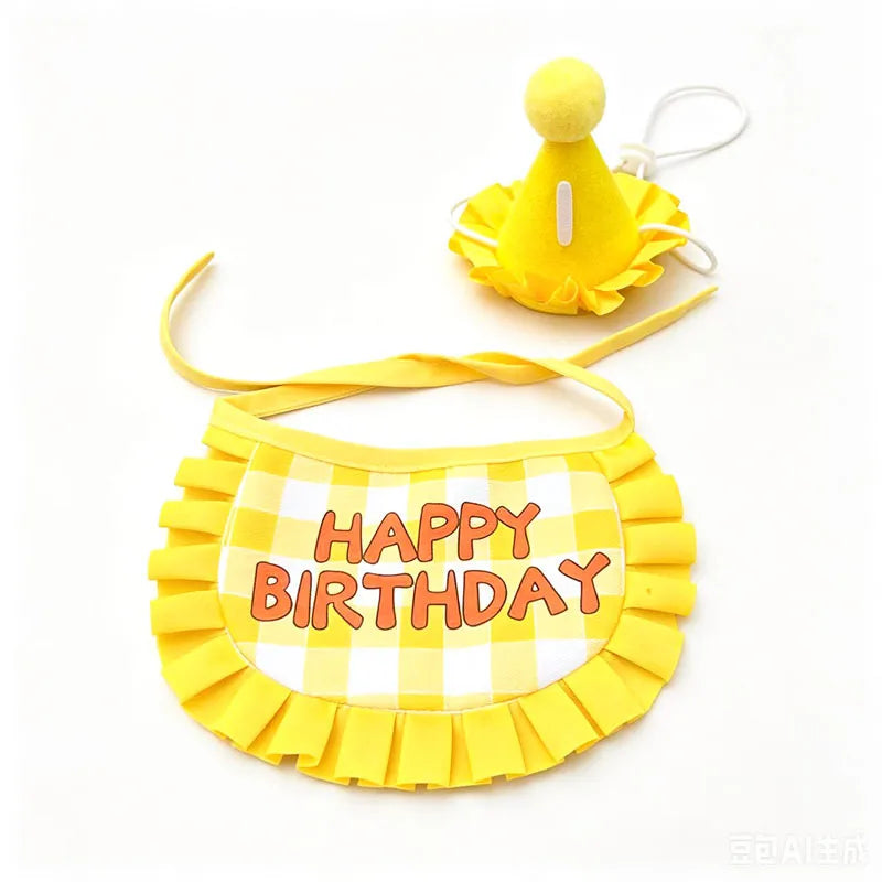 Pet birthday hat and bib set, happy themed drool towel