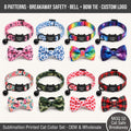 Cat collar with detachable buckle, bell, and bow, heat sublimation printed nylon pet collar.