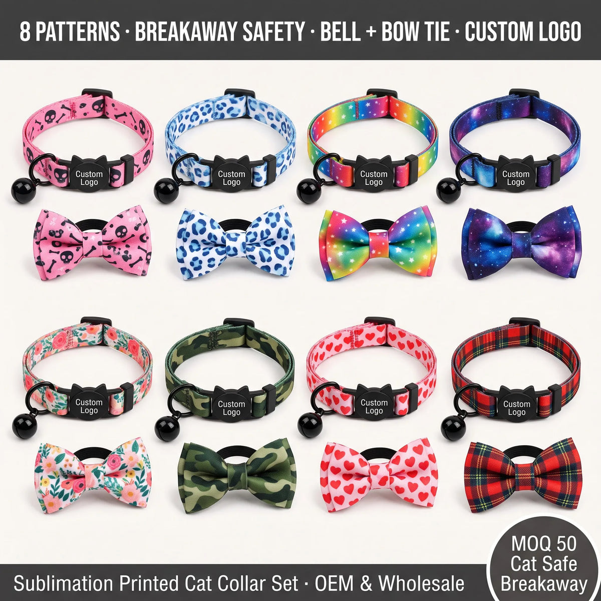 Cat collar with detachable buckle, bell, and bow, heat sublimation printed nylon pet collar.