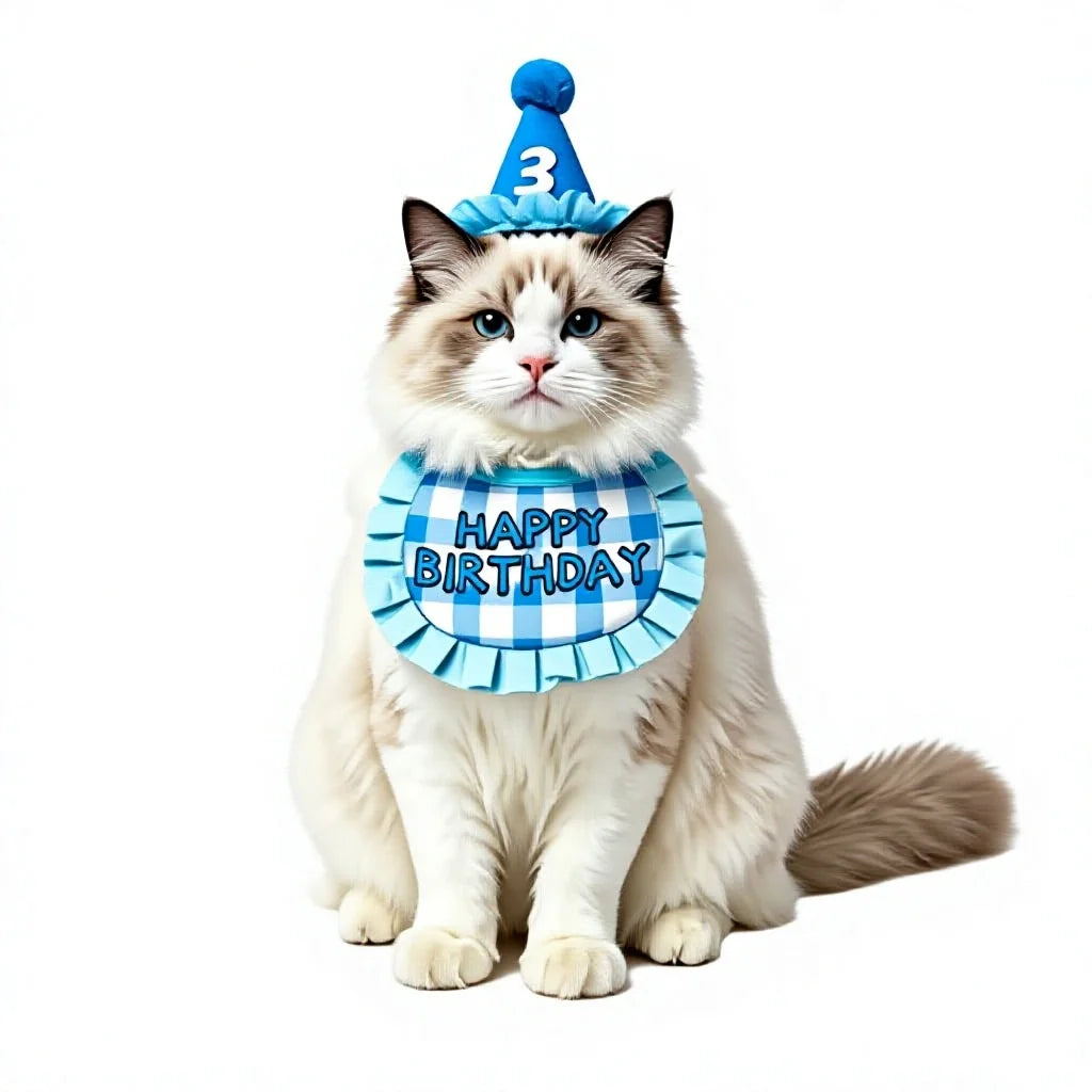 Pet birthday hat and bib set, happy themed drool towel