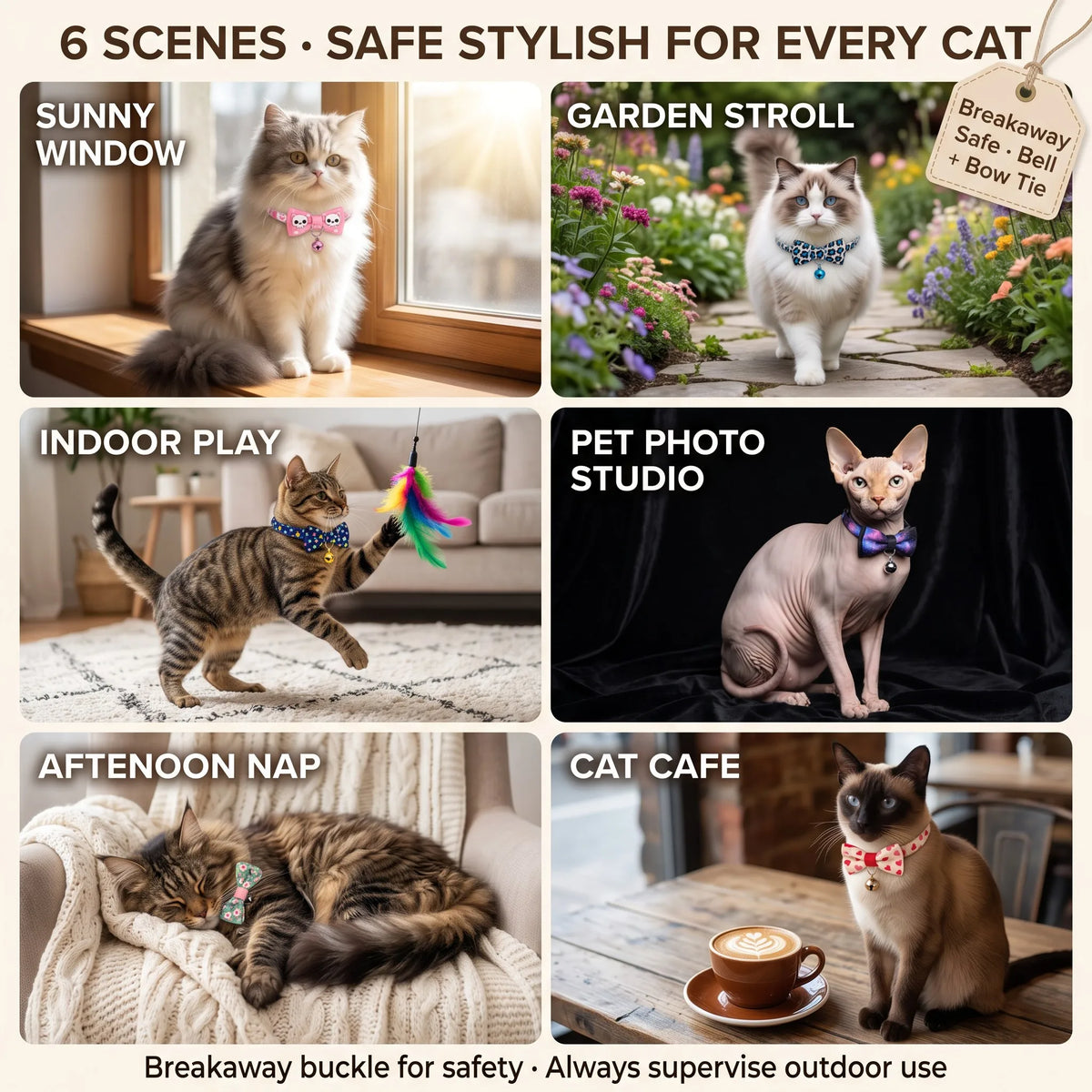Cat collar with detachable buckle, bell, and bow, heat sublimation printed nylon pet collar.