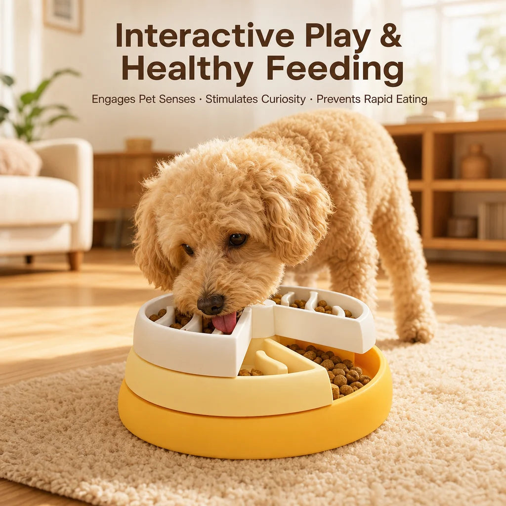 Rotating interactive layered pet feeding bowl that spins to find food