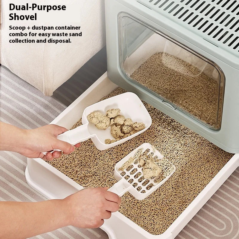 Sand and splash proof fully enclosed plastic drawer style cat litter box with no odor