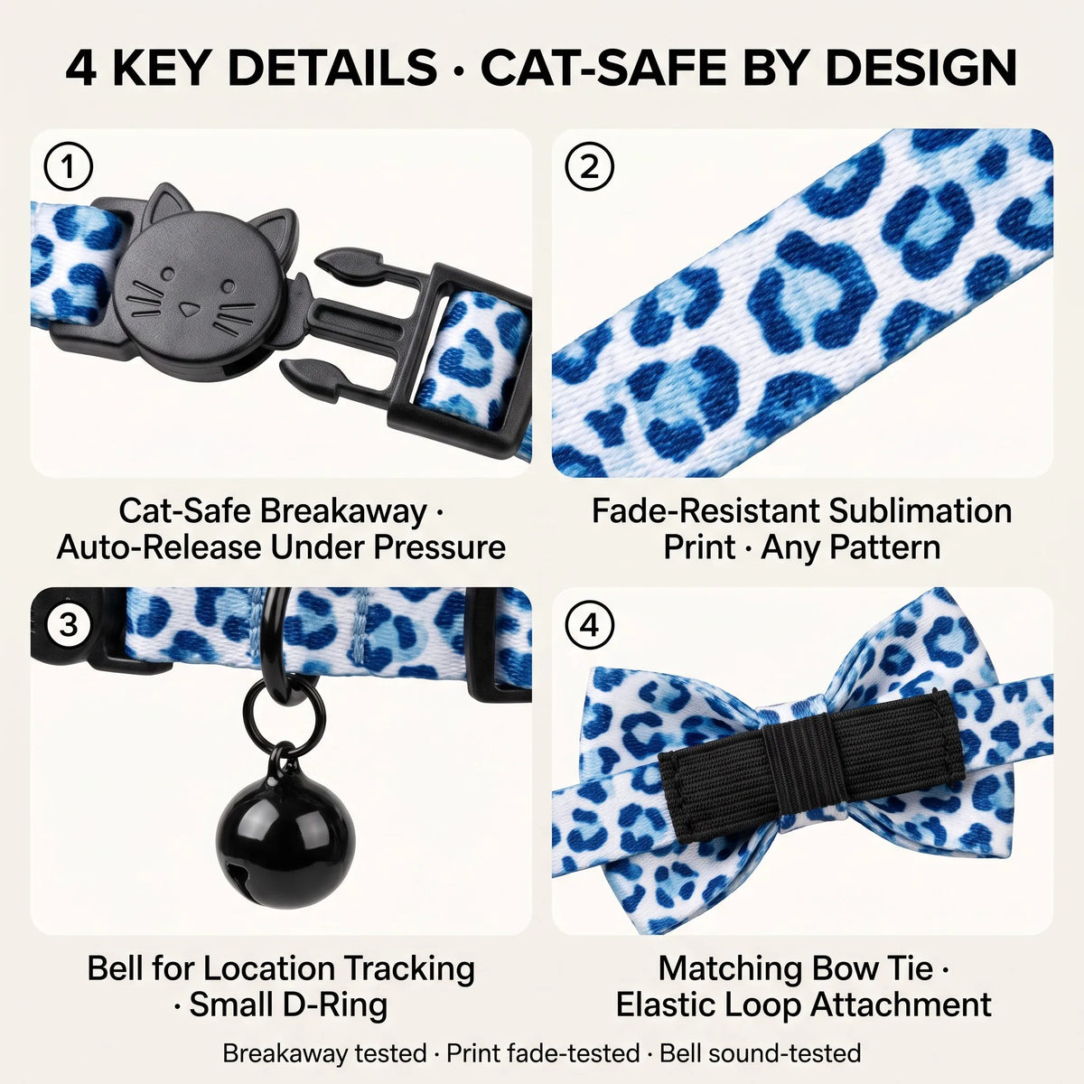 Cat collar with detachable buckle, bell, and bow, heat sublimation printed nylon pet collar.