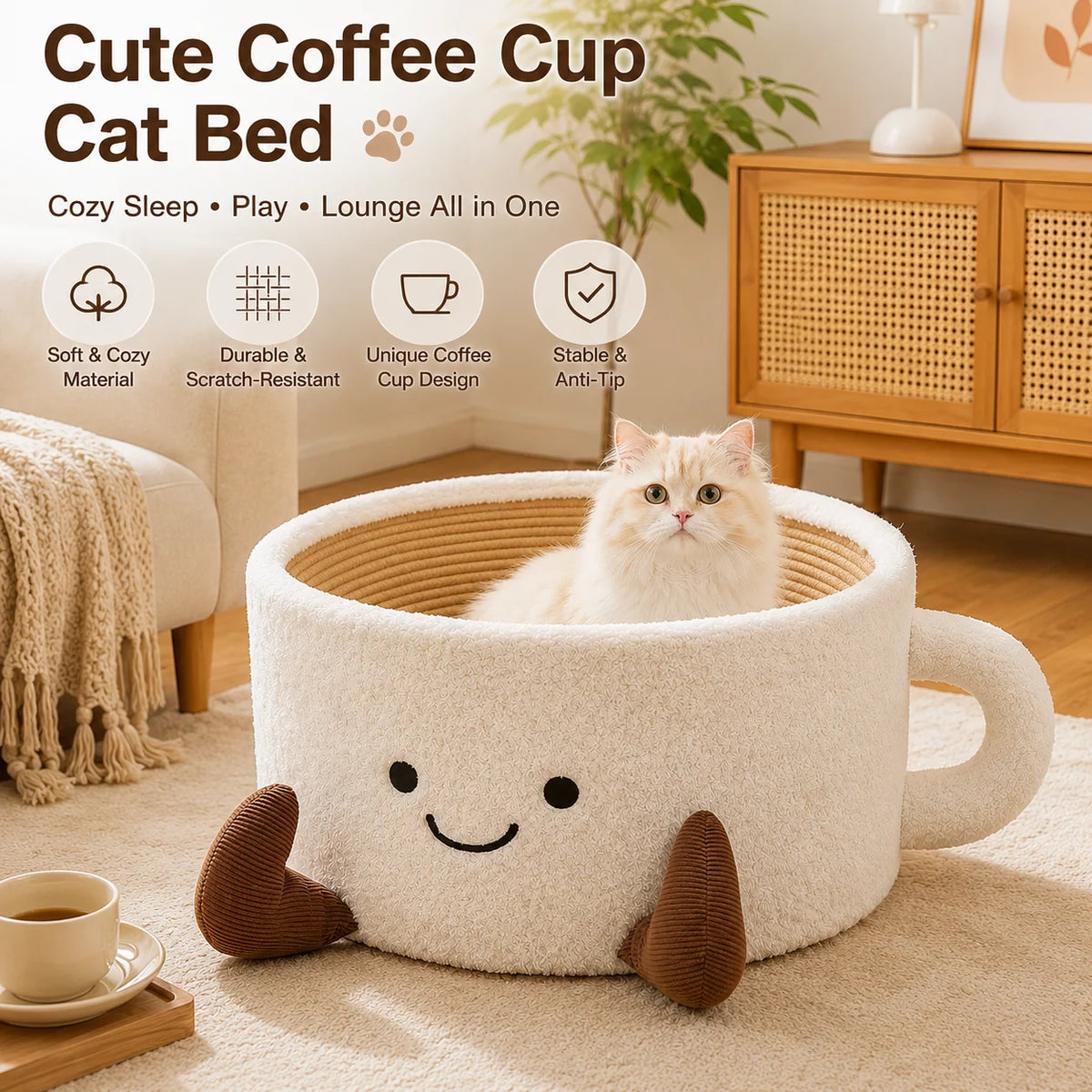 Cat bed tea cup shaped plush scratch pad hand woven comfortable sleeping nest