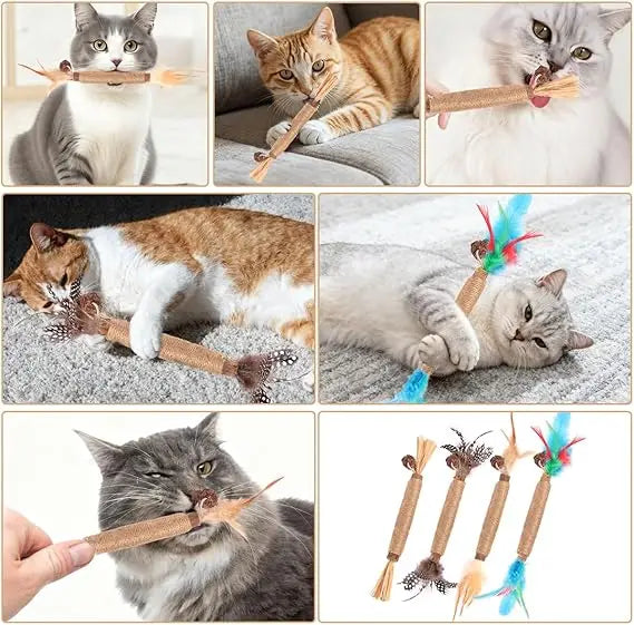 Natural Silver Vine Cat Chewing Stick with Feather Hemp Rope Interactive Toy, Including Lafite Grass Fruit