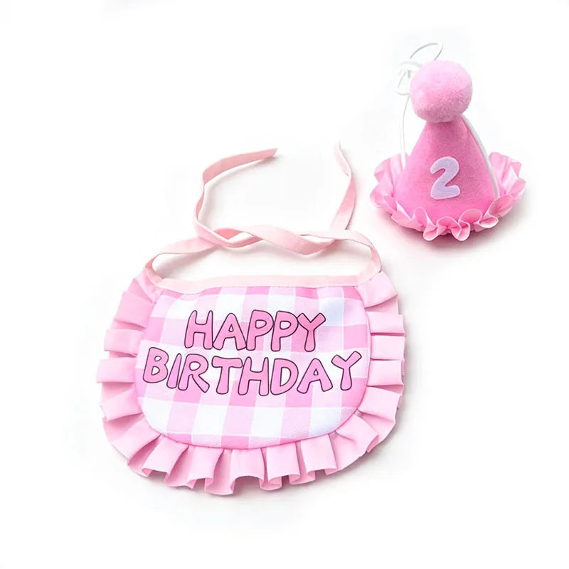 Pet birthday hat and bib set, happy themed drool towel