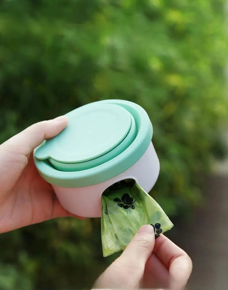 Portable pet outdoor travel cup with food storage, feeder, garbage bag and folding bowl, dog supplies