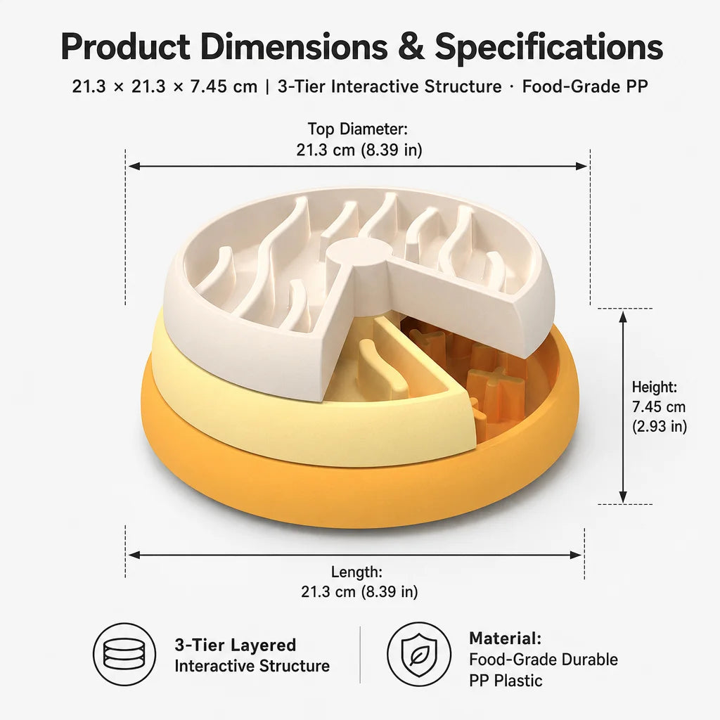 Rotating interactive layered pet feeding bowl that spins to find food