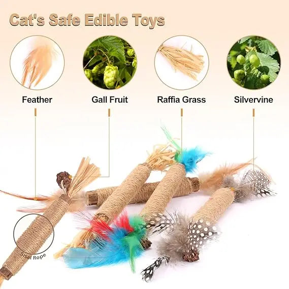 Natural Silver Vine Cat Chewing Stick with Feather Hemp Rope Interactive Toy, Including Lafite Grass Fruit