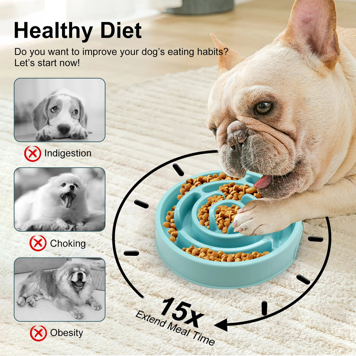 Plastic slow feeding dog bowl with neck cover