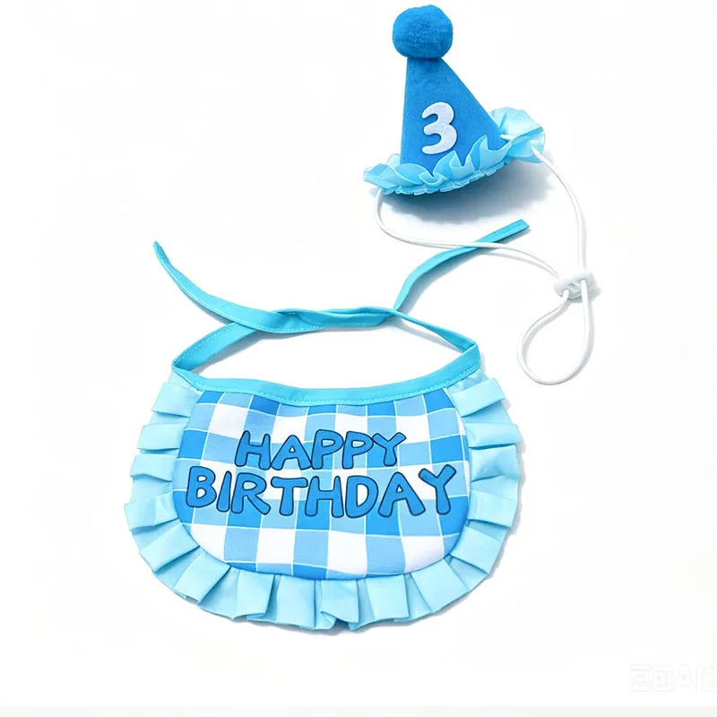 Pet birthday hat and bib set, happy themed drool towel