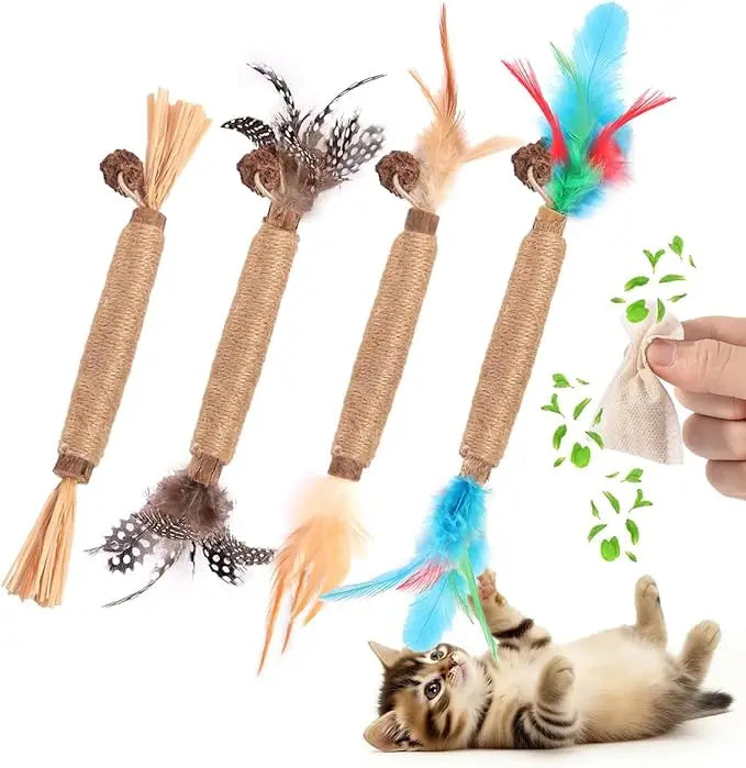 Natural Silver Vine Cat Chewing Stick with Feather Hemp Rope Interactive Toy, Including Lafite Grass Fruit